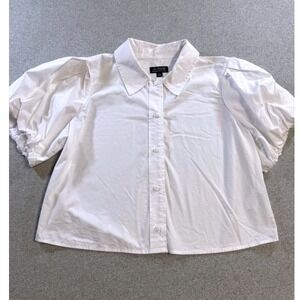 J Crew Puff Sleeve Button Front Blouse Womens 10 White Cotton Poplin Top Minimal